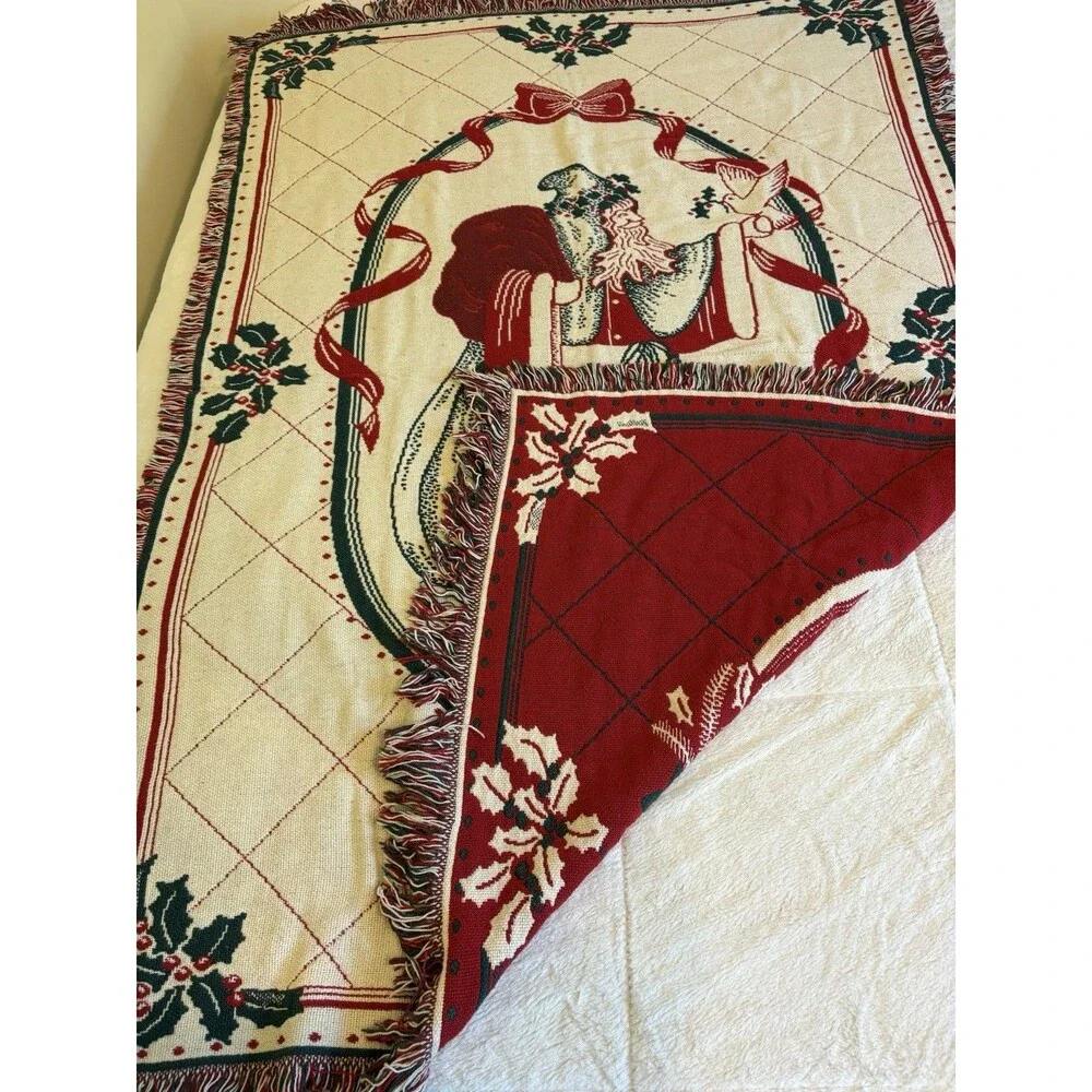 Vtg Heavy Tapestry Throw Blanket Santa Claus Toys Christmas 71